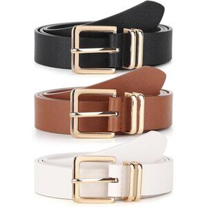 Pack 3 Women's Belts for Jeans Pants Gold Buckle Leather Belts Black Brown White
